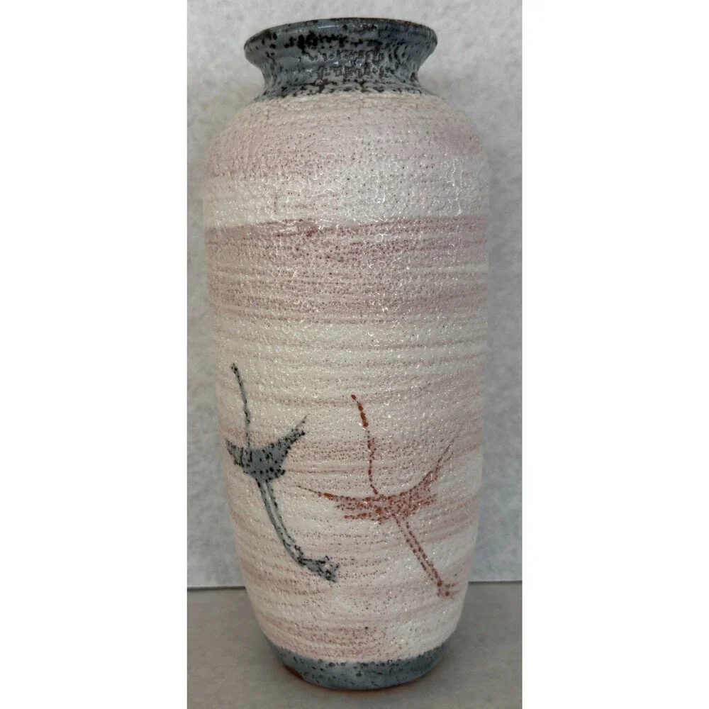 Japanese Pottery Vase, Textured Flying Cranes Design